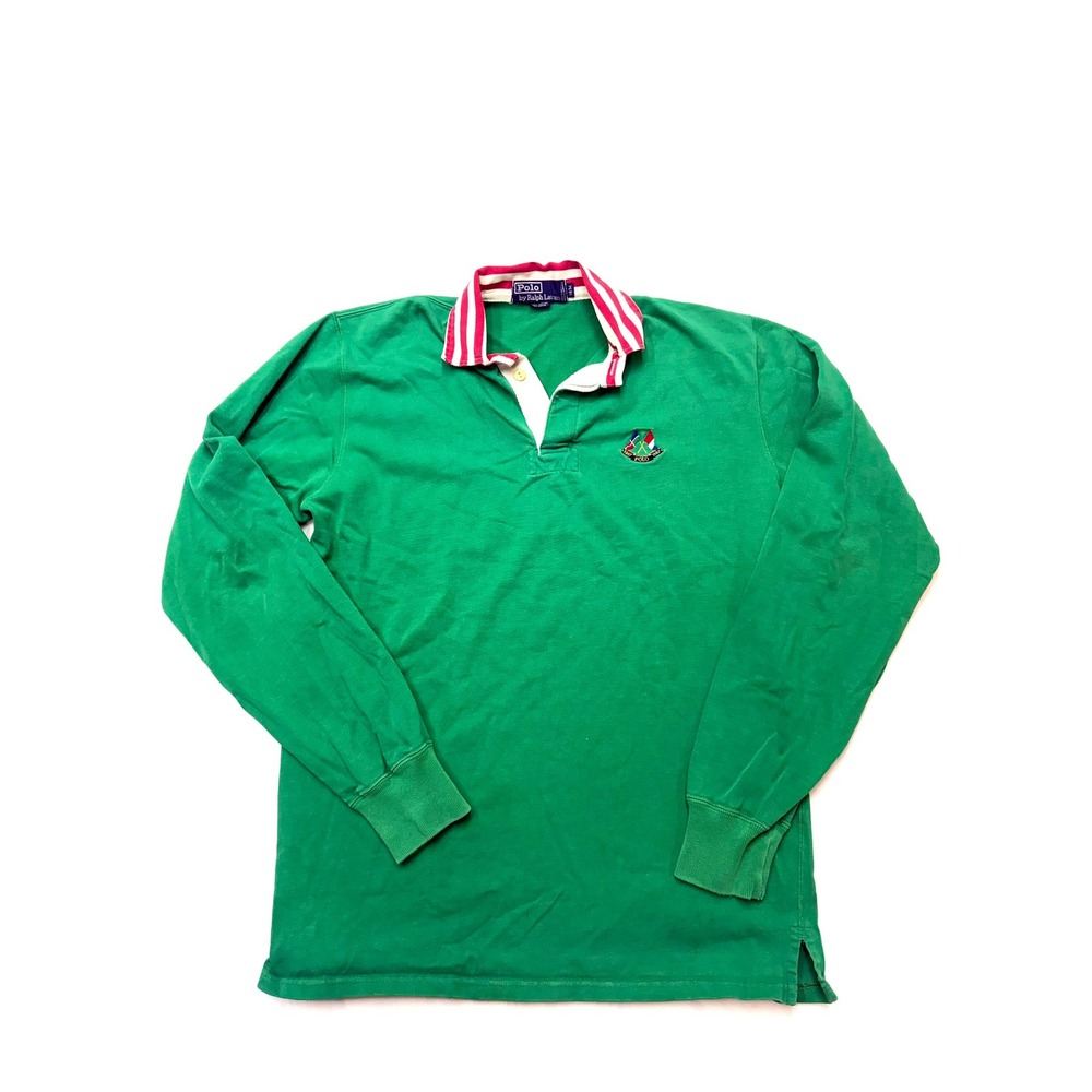 POLO RALPH LAUREN Vintage Mens Medium Green Red White Long Sleeve Polo Shirt JJ4